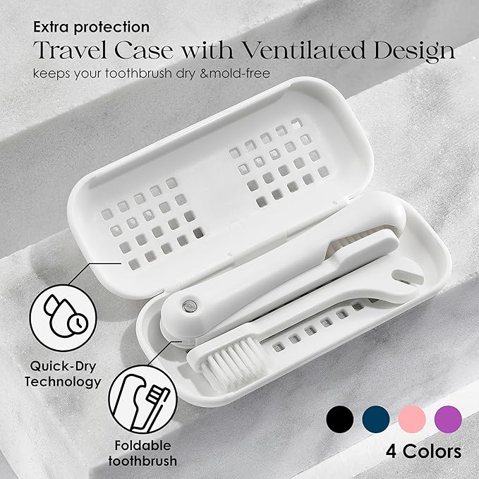 Minibox Folding Travel Toothbrush with Dual-Length Bristles & Case, Compact Mini Design for Business Trips, Camping, and Outdoor Activities, 1 Pack with 2 Extra Replaceable Brush Heads, Purple