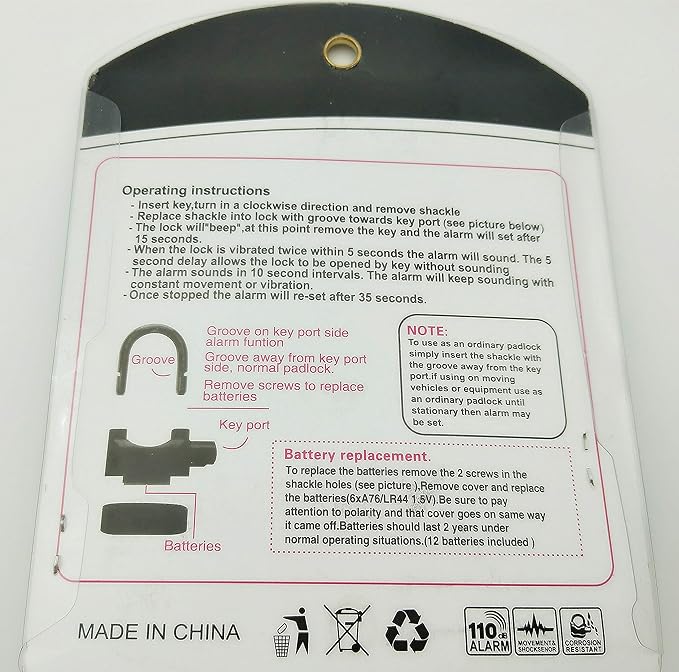 Alarm Lock 110dba Universal Security Alarm Lock System Anti-Theft for Door Motor Bicycle Padlock with 3 Keys (Black)