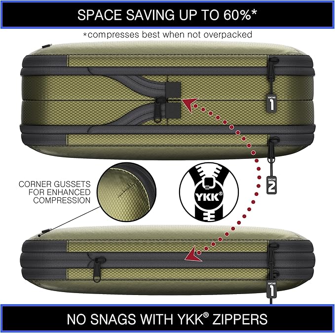 Premium Ultralight Compression Packing Cubes for Travel - Bag Factor Luggage Organizer Set (Double Sided Clean Dirty - Olive Green - 2 Set)