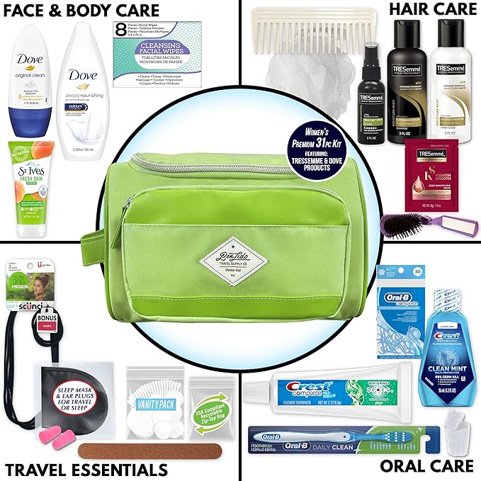 Convenience Kits International Women’s Super Premium 31 pc Travel Kit Featuring: Ensemble of Travel-Size Hair Care Products Plus Face, Body, Oral Care, Travel Essentials (Green)
