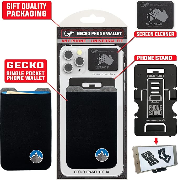 Phone Wallet - Adhesive Card Holder - Cell Phone Pouch - Stick on Lycra Pocket by Gecko - Carry Credit Cards and Cash