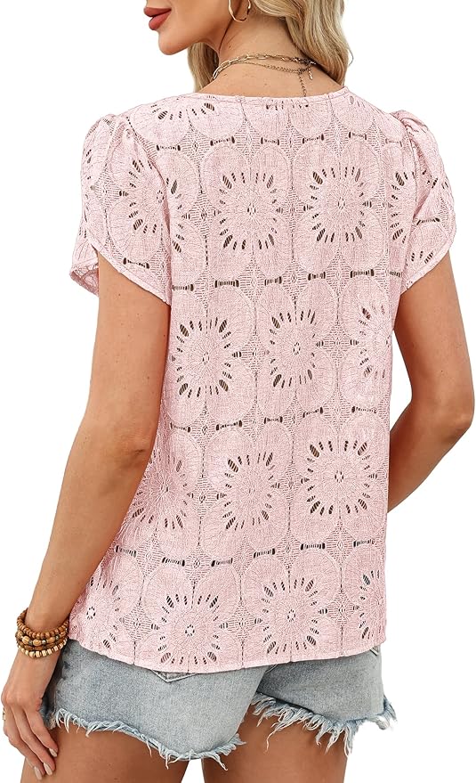 OFEEFAN Blouses for Women Dressy Casual Petal Short Sleeve Shirts Crochet Lace Boho Tops Spring Fashion Summer Outfits