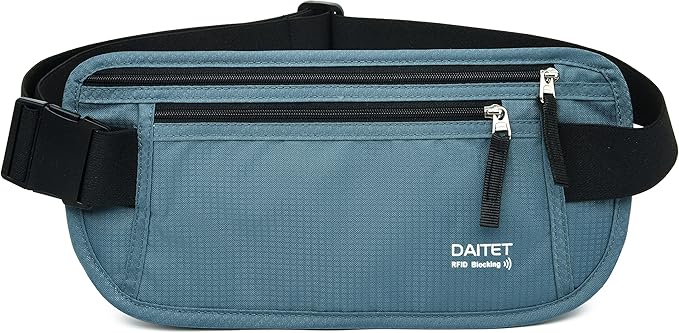 RFID Blocking Money Belt for Men Women, Slim Fanny Pack for Travel，Running,Conceal Waist Wallet for Passport Holder,Phone,Cash(Black Turquoise)