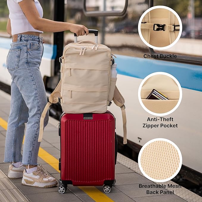 Carrywell (Not Made In China) Travel Backpack Airline Approved, Carry-On Underseat, Holds 15.6 or 16 Inch Laptop, Personal Item Bag with Shoe Compartment For Men Women, Beige 30l