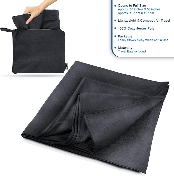 Cloudz Super Soft Jersey Airplane Travel Blanket for Your Flight, Car, Camping, Home or Comforting Warmth Anywhere! Large in Size at 50"x 50" and Includes a Bag! - Black