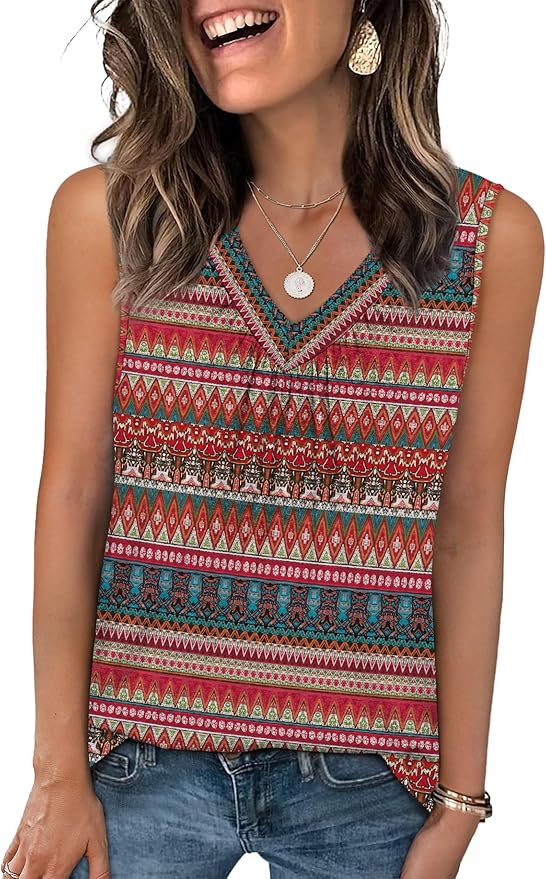 OFEEFAN Tank Top for Women Loose Fit Sleeveless Shirts V Neck Summer Clothes Ruched Women's Tees and Tanks Curved Hem