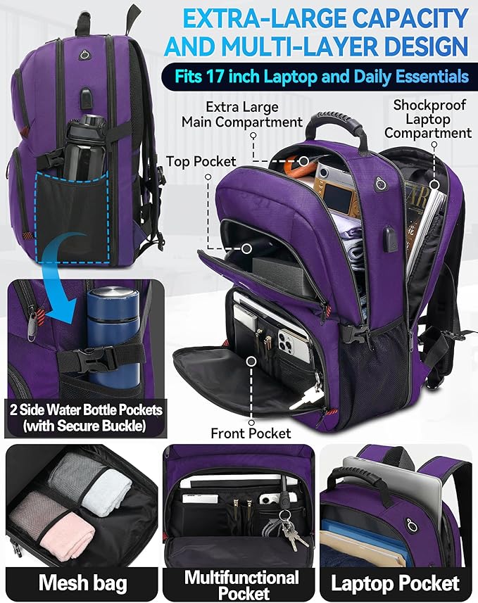 ProEtrade Travel Backpack, Extra Large Laptop Backpack School Business Anti Theft TSA Approved College Work Computer Bag Fits 17 Inch Laptop with USB Charging Port Bookbag for Women Men(Purple)