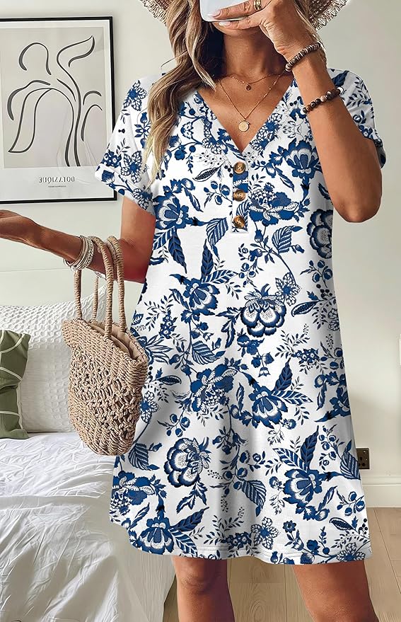 WIHOLL Summer Dresses for Women with Sleeves Midi Dress Button Down Beach Vacation Casual Dresses Fashion Clothing