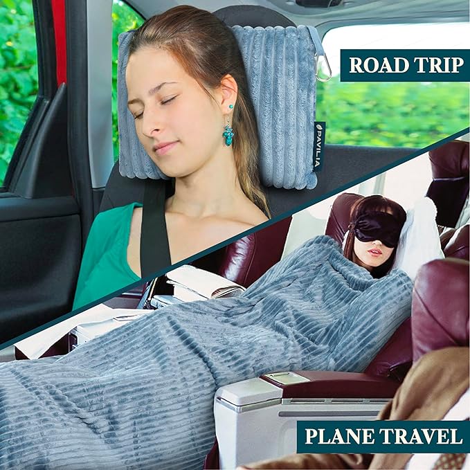 PAVILIA Travel Blanket Pillow in Soft Bag with Pockets, Airplane Blanket Set, Plane Blanket Compact Packable, Flight Essentials Car Pillow, Travelers Accessories Gifts, Luggage Strap, Dusty Light Blue