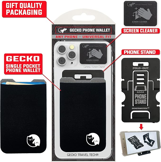 Phone Wallet - Adhesive Card Holder - Cell Phone Pouch - Stick on Lycra Pocket by Gecko - Carry Credit Cards and Cash
