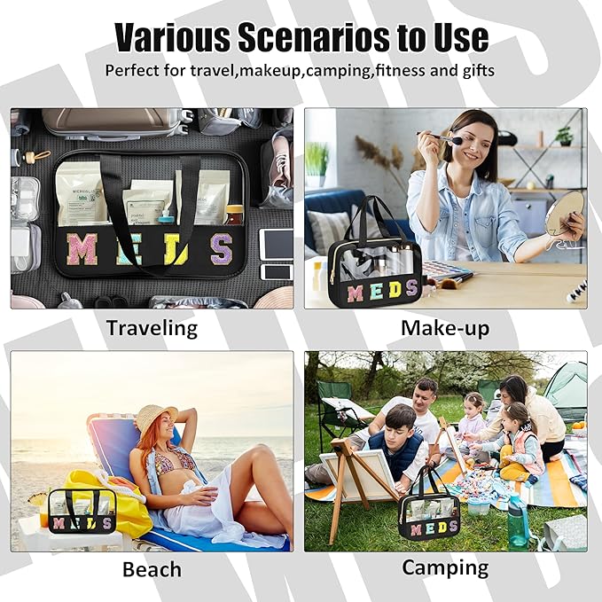BuyCard Chenille Letter Patch Clear Travel Bags, Preppy PVC&Nylon Makeup Bag with Handle and Zipper, Waterproof Large Clear Travel Toiletry Bag Storage Bag for Women Girls