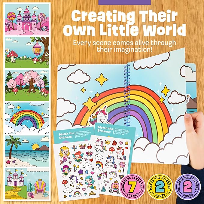 Unicorn Sticker Book - 50 Reusable Stickers for Girls - Unicorn Toys for Ages 3-5, No Mess Travel Toys & Road Trip Activities for Kids - Reusable Sticker Books for Toddlers 1-3 2-4, Litlte Girl Gift