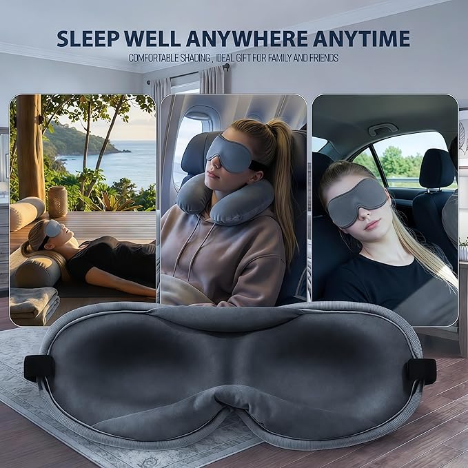 Ultra-Thin 3D Sleep Mask for Side & Back Sleepers, 100% Light Blocking Eye Mask for Sleep, Zero Pressure, Soft & Breathable Night Blindfold for Men & Women, Travel & Plane (Gray)