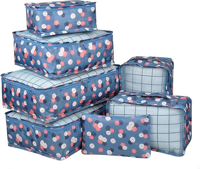 Vercord 7 Set Travel Packing Organizers Cubes Luggage Suitcase Organizer Bags Clothes Underwear Cube Shoe Pouch Pack Blue Flower