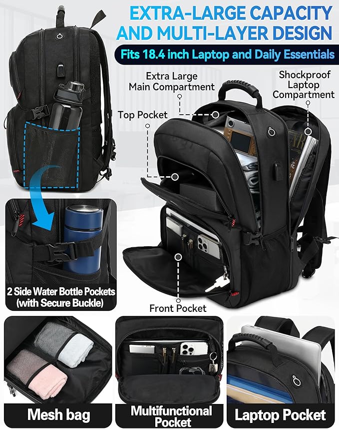 ProEtrade Travel Backpack, Extra Large Laptop Backpack School Business Anti Theft TSA Approved College Work Computer Bag Fits 18.4 Inch Laptop with USB Charging Port Bookbag for Women Men(Black,L)