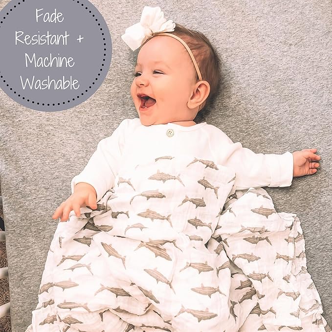 LollyBanks Muslin Swaddle Blanket, 100% Muslin Cotton Baby Blankets for Boys, 47 X 47 Inches Breathable and Soft Newborn Swaddle, Receiving Blanket for Baby, Newborn Essentials, Registry (Shark Print)