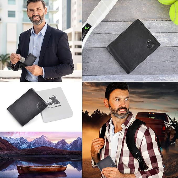 BULL GUARD Black Leather Wallet for Men with RFID Blocking - Bifold High Capacity with Side Flip 2 ID Windows and 10 Credit Cards Slots