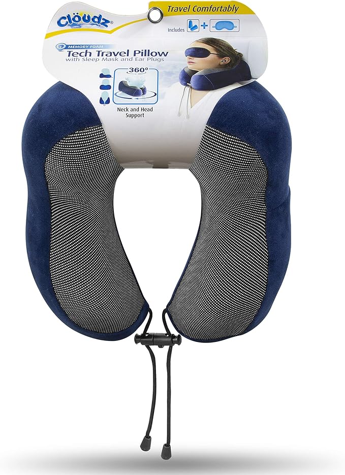 Cloudz Tech Memory Foam Travel Neck Pillow with Blackout Sleep Mask and Ear Plugs - Blue