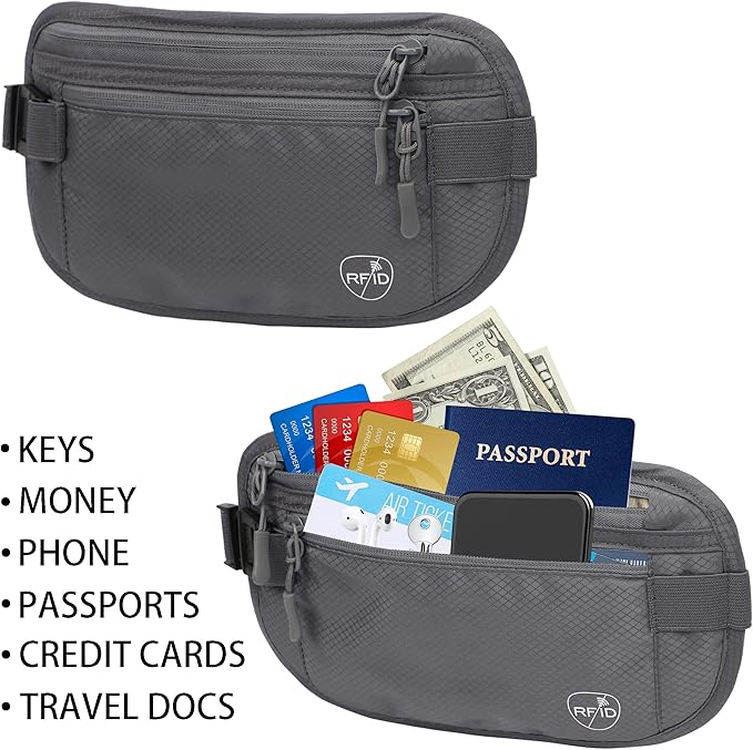 SUPACOOL Money Belt, Hidden Travel Wallet for Passport, RFID Blocking Passport Pouch, Undercover Fanny Pack(Grey)