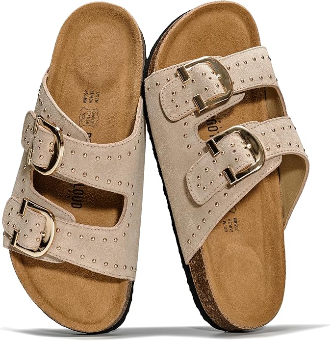 Project Cloud 100% Genuine Leather Flat Sandals For Women 2026 Cork Footbed Womens Sandals with Memory Foam and arch support Vacation Essentials Slides for Women Footwear (Venita)