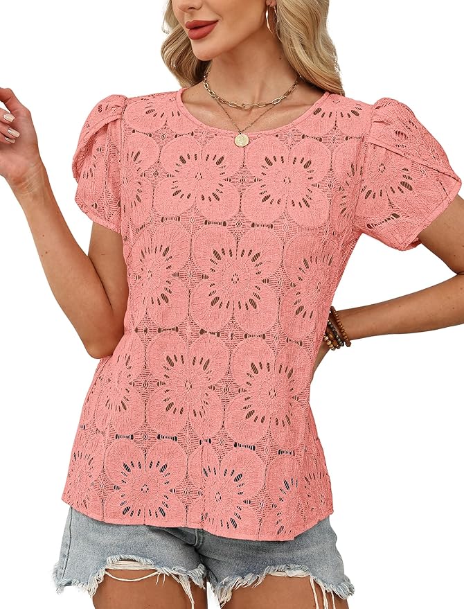 OFEEFAN Blouses for Women Dressy Casual Petal Short Sleeve Shirts Crochet Lace Boho Tops Spring Fashion Summer Outfits