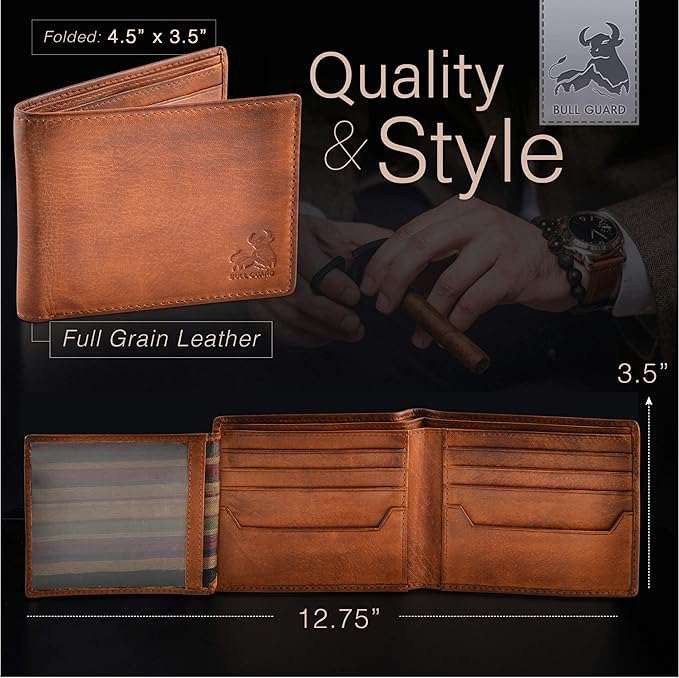 BULL GUARD RFID Blocking Bifold Wallets for Men, Brown Full Grain Leather Credit Card Wallet with 2 ID Windows Premium Security and High Capacity | RFID Blocking, Credit Card Wallet, with 2 ID Windows, Premium Security, High Capacity