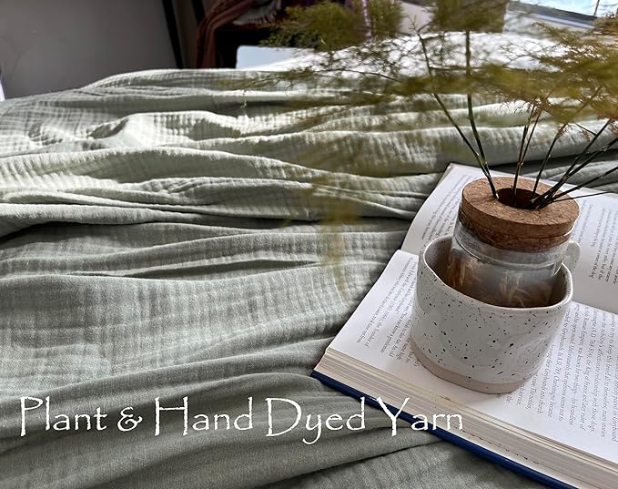 KyraHome 100% Organic Cotton Muslin Throw Blanket, 90"x90" Queen Size, Plant Dyed, Warm, Breathable Gauze Muslin Cotton Blankets for Bed, Cocuh, Coverlet, All Season, Sage Green