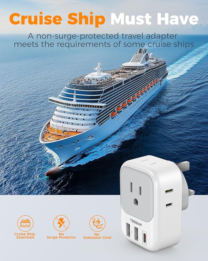 US to UK Plug Adapter, TESSAN Type G Travel Converter with 3 USB Charger(1 USB C Port), 4 Outlets Power Adaptor for USA to Qatar Ireland Hong Kong England Scotland Kenya Dubai London British