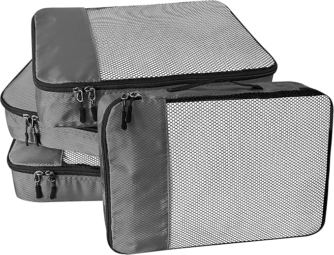 WTREE 4-Piece Packing Cubes Travel Accessories Set for Suitcases - Luggage Organizer Bags with Double Zipper - Mesh Top - Small - Dark Grey