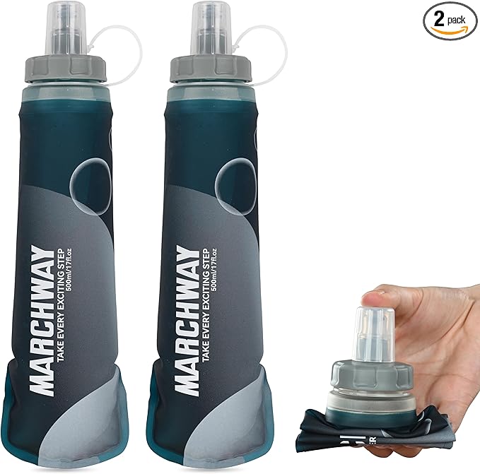 MARCHWAY Soft Hydration Flask with Wide Mouth, 300ml/500ml Collapsible TPU Water Bottle, Leakproof Portable Flexible for Running, Hiking, Cycling, Climbing, Gym, Travel (2pcs Blackish Green 500ml)
