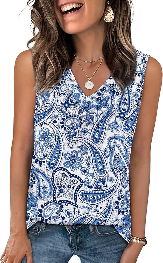 OFEEFAN Tank Top for Women Loose Fit Sleeveless Shirts V Neck Summer Clothes Ruched Women's Tees and Tanks Curved Hem
