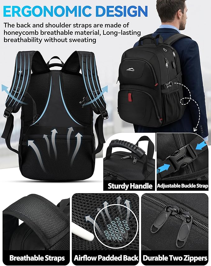 ProEtrade Travel Backpack, Extra Large Laptop Backpack School Business Anti Theft TSA Approved College Work Computer Bag Fits 18.4 Inch Laptop with USB Charging Port Bookbag for Women Men(Black,L)