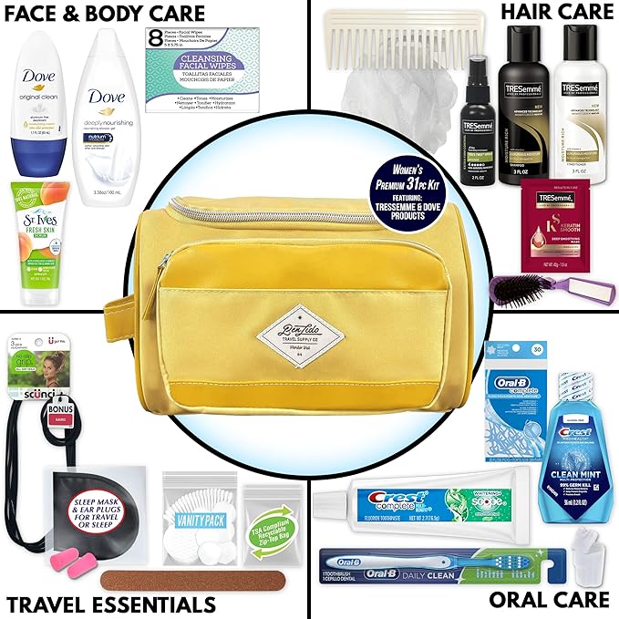 Convenience Kits International Women’s Super Premium 31 pc Travel Kit Featuring: Ensemble of Travel-Size Personal Care Products, Travel Essentials in Large Toiletry Bag (Yellow)