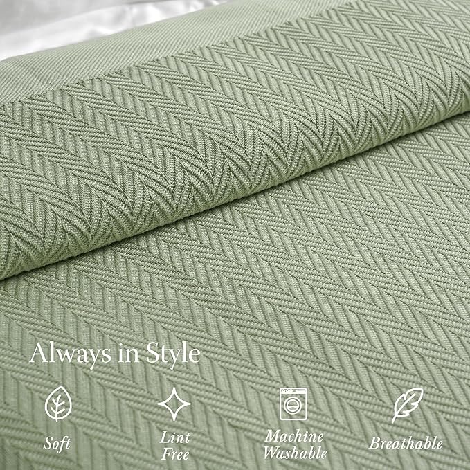 Threadmill Luxury Cotton King Size Blanket | All-Season Cozy Cotton Blankets for King Size Bed | Herringbone Soft Fall Thermal Blanket fits California King Size Bed 106 x 92 | Sage Green