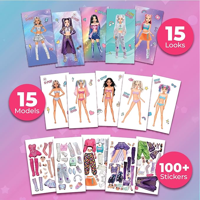 BSCOOL Sticker Dress up K-Pop - Sticker Activity Book for Kids. Learn Girls Fashion Design with Stickers and Guides for Kids 5 and up. K-Pop Singer Performance. Easter Gift for Girls