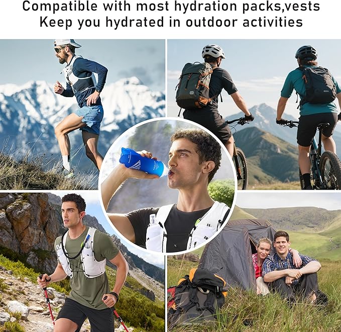 500ml Soft Flask, 2 Pack TPU Collapsible Soft Water Bottle for Hydration Pack & Running Vest, 17oz Compressible Flask Foldable Water Bottle for Running Hiking Cycling