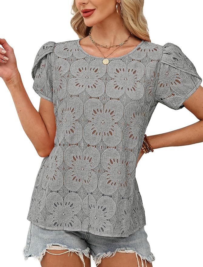 OFEEFAN Blouses for Women Dressy Casual Petal Short Sleeve Shirts Crochet Lace Boho Tops Spring Fashion Summer Outfits