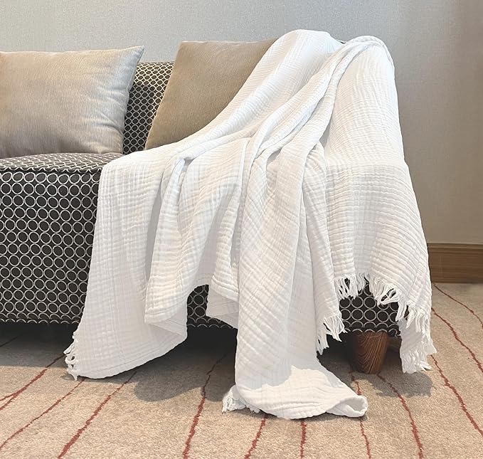 KyraHome 100% Cotton Muslin Blankets for Adults, Couch, 50"x60", Pre-Washed Plant Dyed, Breathable Lightweight Gauze Summer Throw Blanket, All Season (White)