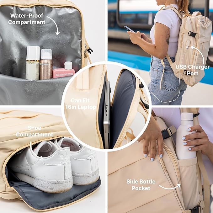 Carrywell (Not Made In China) Travel Backpack Airline Approved, Carry-On Underseat, Holds 15.6 or 16 Inch Laptop, Personal Item Bag with Shoe Compartment For Men Women, Beige 30l