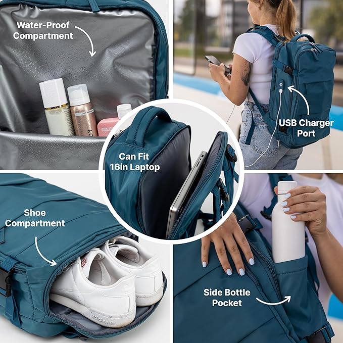 Carrywell (Not Made In China) Travel Backpack Airline Approved, Carry-On Underseat, Holds 15.6 or 16 Inch Laptop, Personal Item Bag with Shoe Compartment For Men Women, Peacock Blue 30l