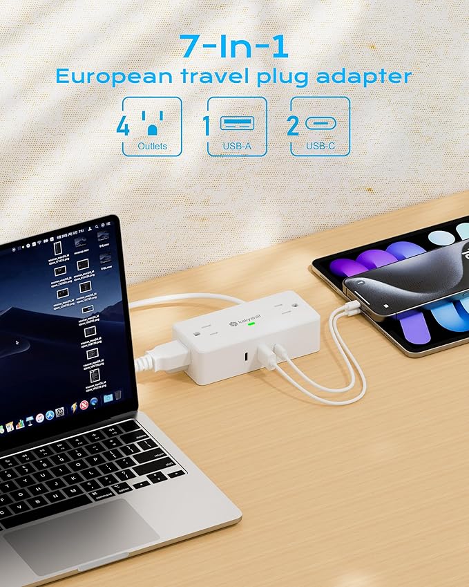 Kakyanill European Travel Plug Adapter, Type E F Plug Adapter, 4 AC Outlets, 3 USB Ports (2 USB C), 5ft Flat Extension Cord, for Germany France Travel