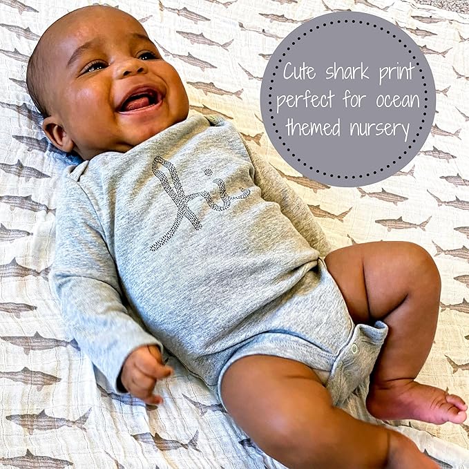 LollyBanks Muslin Swaddle Blanket, 100% Muslin Cotton Baby Blankets for Boys, 47 X 47 Inches Breathable and Soft Newborn Swaddle, Receiving Blanket for Baby, Newborn Essentials, Registry (Shark Print)
