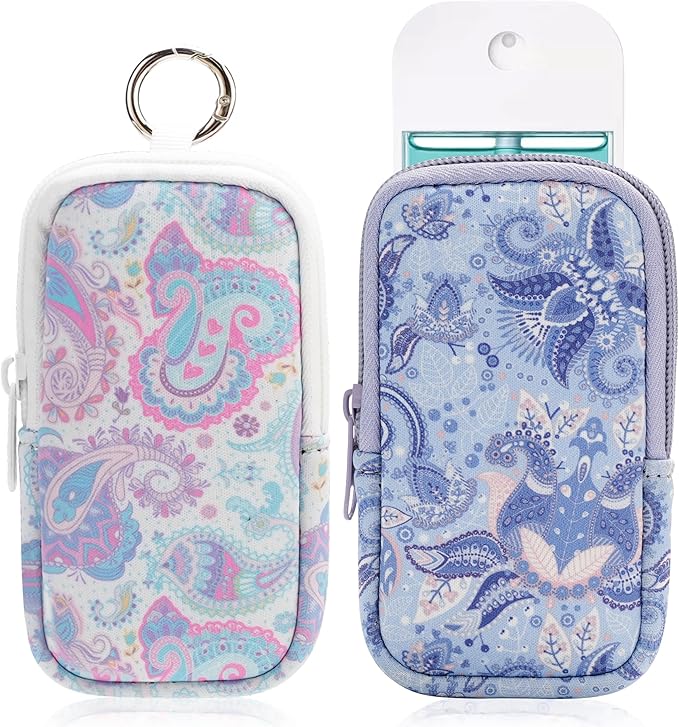 KJQJLY 2 Pack Hand Sanitizer Holder Pouch, Zippered Portable Sanitizer Case with Cute Pattern, Keychain D-Ring for Purse, Backpack & Travel