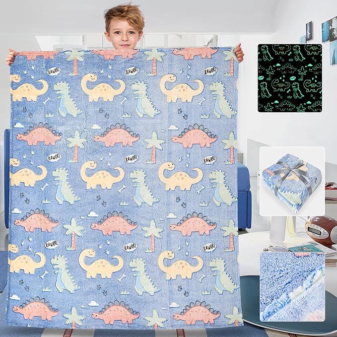 Wajade Dino Gifts Toys for Boys Girls - Glow in The Dark Dinosaur Blanket Birthday Christmas Decor for Kids Age 3 4 5 6 7 8 9 10 11 12 Years Old Teens Child Toddler Throw Colorful 50"x60"