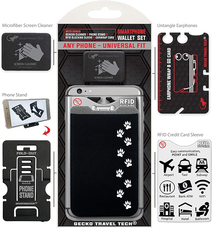 Phone Wallet - Adhesive Card Holder - Cell Phone Pouch - Stick on Lycra Pocket by Gecko - Carry Credit Cards and Cash