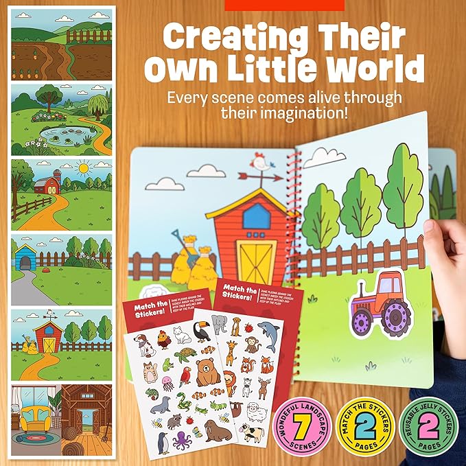 Reusable Jelly Sticker Book - Farm, 7 Scenes - 50 Thick Washable Stickers for Toddlers & Kids: Animals Stickers for Kids, Gift for Ages 3-5 Years Old - Toddler Travel Toys 2-4, Road Trip Activities