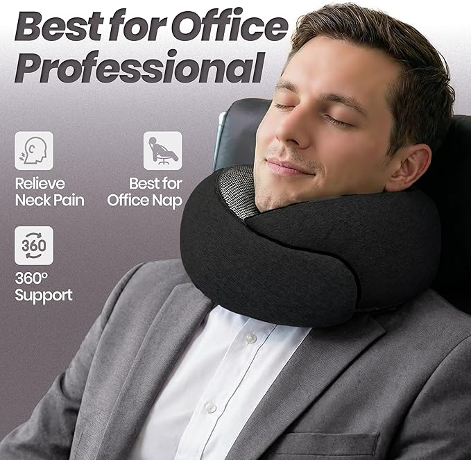 Travel Neck Pillow 100% Memory Foam, Ergonomic 360° Support Pillow for Flights, Car, Office & Train, Breathable Travel Essentials for Adults & Kids, Neck Pain Relief, (BLACK)