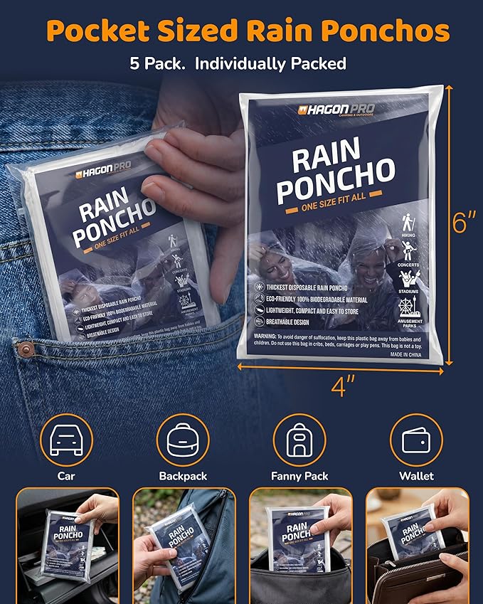 Hagon PRO Disposable Rain Ponchos for Adults (5 Pack)