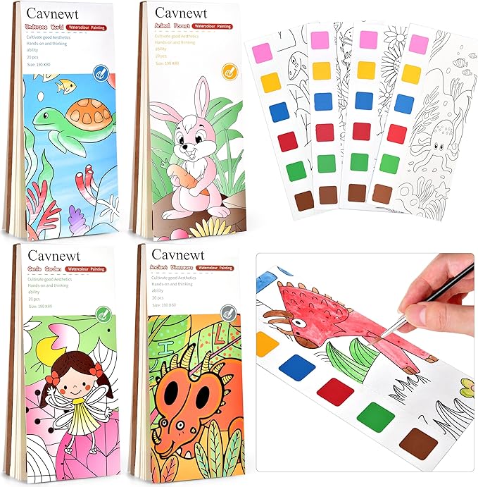 Cavnewt 4Pack Mini Paint Pads, Watercolor Paint Pad, Pocket Watercolor Painting Book, Mess Free Water Color Paint Set Arts, Travel Paint Watercolor Coloring Book Set for Kids, Boys and Girls