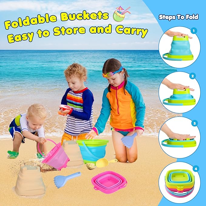 Xgunion Collapsible Beach Sand Bucket 3 Packs Foldable Buckets Set with Shovels & Mesh Bag Collapsible Beach Toys for Kids Summer (Yellow, Blue, Green, Pink, Medium)